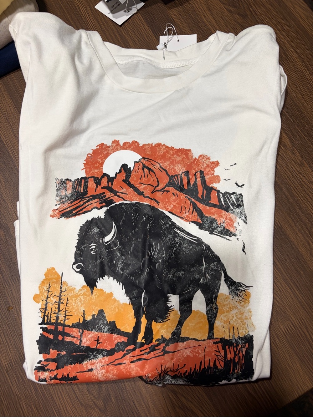 White Graphic Buffalo Tee with Sunset Landscape